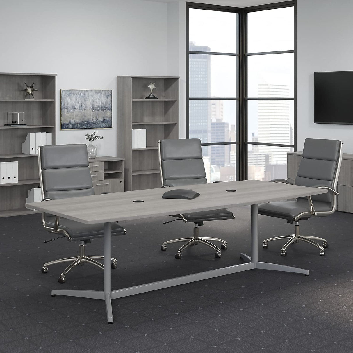 Bush Business Furniture Conference Table for 6-8 People with Sturdy Metal Base | Boat Shaped 8 Foot Meeting Desk for Office Boardrooms, 96W x 42D, Platinum Gray Bush Business Furniture