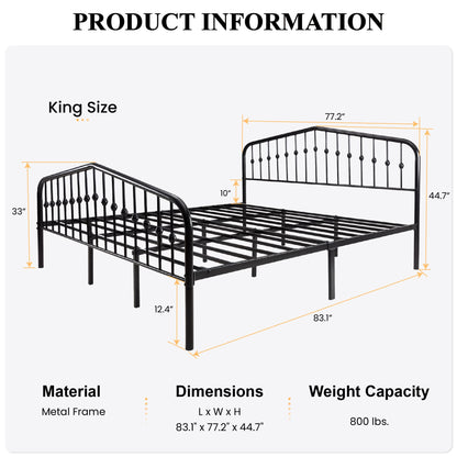 Victorian-Style King Size Metal Platform Bed Frame with Wrought Iron Headboard and Footboard in Black - WoodArtSupply