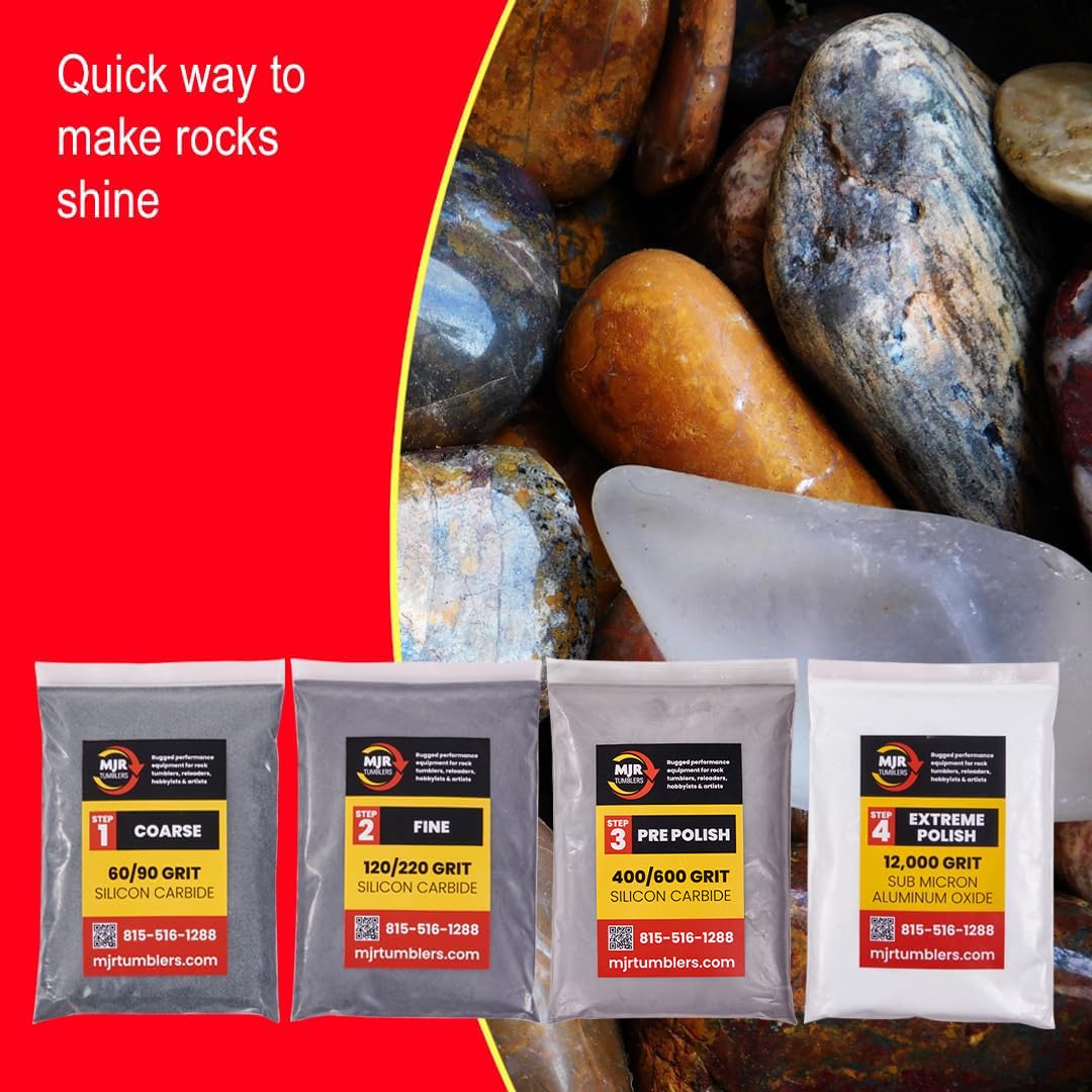 MJR Tumblers Refill Grit Kit w Premium Quality Extreme Polish 12,000 Grit Sub Micron Aluminum Oxide Polish for Unparalleled Result. for 6lb Rock Tumblers w Silicon Carbide, Disabled and Veteran Owned MJR Tumblers