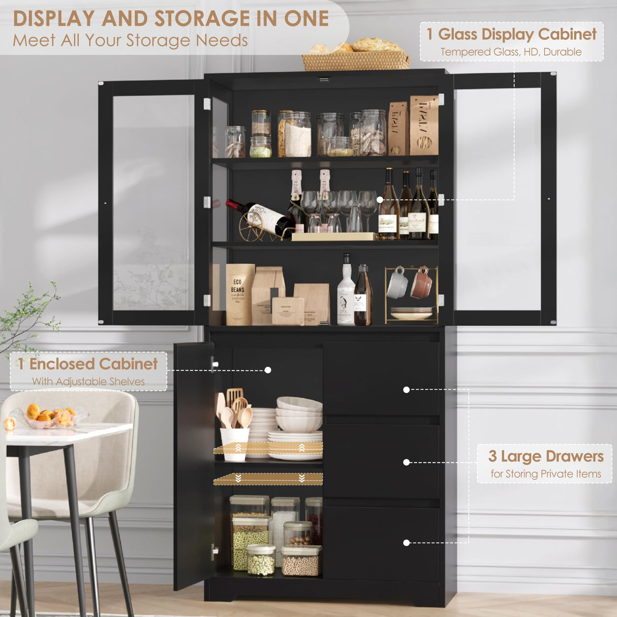 HIFIT 71" Tall Display Bookcase with HD Glass Doors, 3 Drawers Bookshelf with Storage for Home Office, Modern China Curio Cabinet Glass Display Case for Collectibles, Clinic, Dining Living Room, Black HIFIT