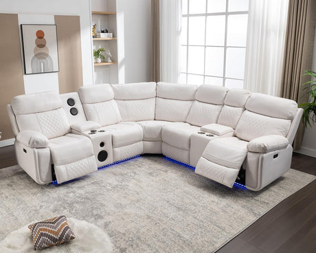 TODRANI Power Sectional Reclining Sofa with Bass Speaker, Faux Leather Recliner Corner Couches with USB Ports, Modern Recliner Sofa for Living Room with LED Lighting, White TODRANI