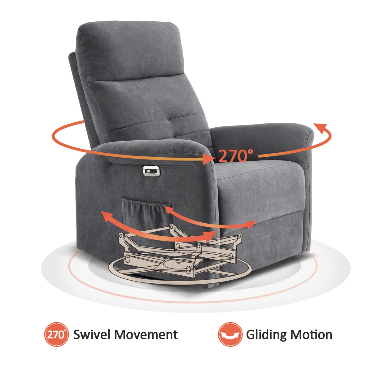 MCombo Power Swivel Glider Recliner Chair, Electric Rocker Recliner Chairs with USB Charging Ports for Living Room and Nursery, Fabric 7763 (Dark Grey) MCombo