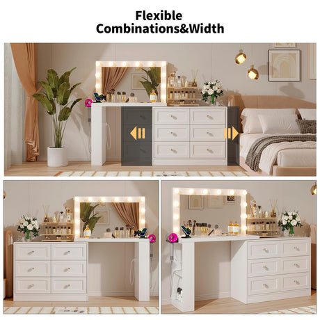VOWNER Vanity Desk and Dresser Combo, Extendable Makeup Vainty with with Lighted Mirror & Power Outlet, Wood Corner Vanity with 6 Drawer Dresser, Makeup Table for Women, Bedroom Dressing Table(White) VOWNER