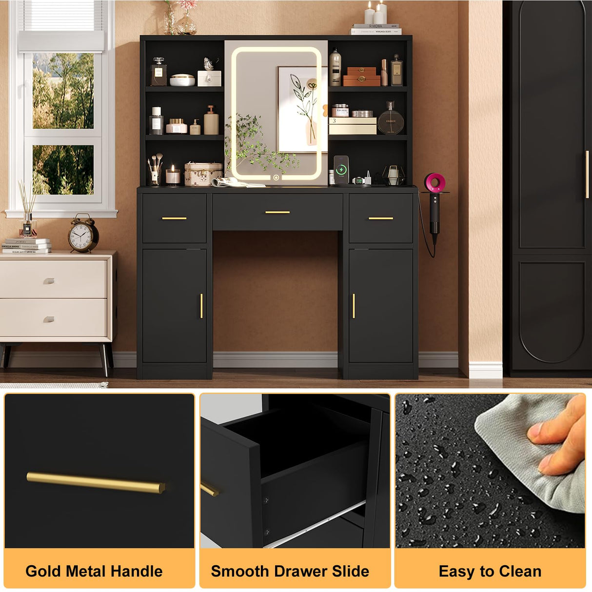 knoworld Vanity Desk with Sliding Mirror & LED Lights, Smart Makeup Table with Charging Station, Hairdryer Holder, 7 Shelves, 3 Drawers, 2 Cabinets, Vanity with Extra Hidden Stroage for Bedroom,Black knoworld