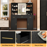 knoworld Vanity Desk with Sliding Mirror & LED Lights, Smart Makeup Table with Charging Station, Hairdryer Holder, 7 Shelves, 3 Drawers, 2 Cabinets, Vanity with Extra Hidden Stroage for Bedroom,Black knoworld