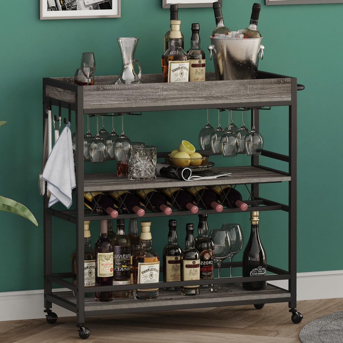 BON AUGURE Bar Cart, Home Bar Serving Cart on Wheels, Mobile 3 Tier Liquor Beverage Cart with Wine Rack and Glass Holder, Grey Oak BON AUGURE