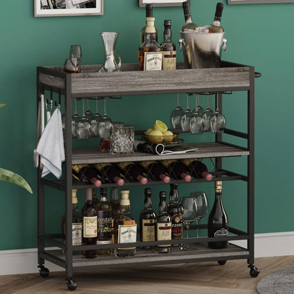 BON AUGURE Bar Cart, Home Bar Serving Cart on Wheels, Mobile 3 Tier Liquor Beverage Cart with Wine Rack and Glass Holder, Grey Oak - WoodArtSupply