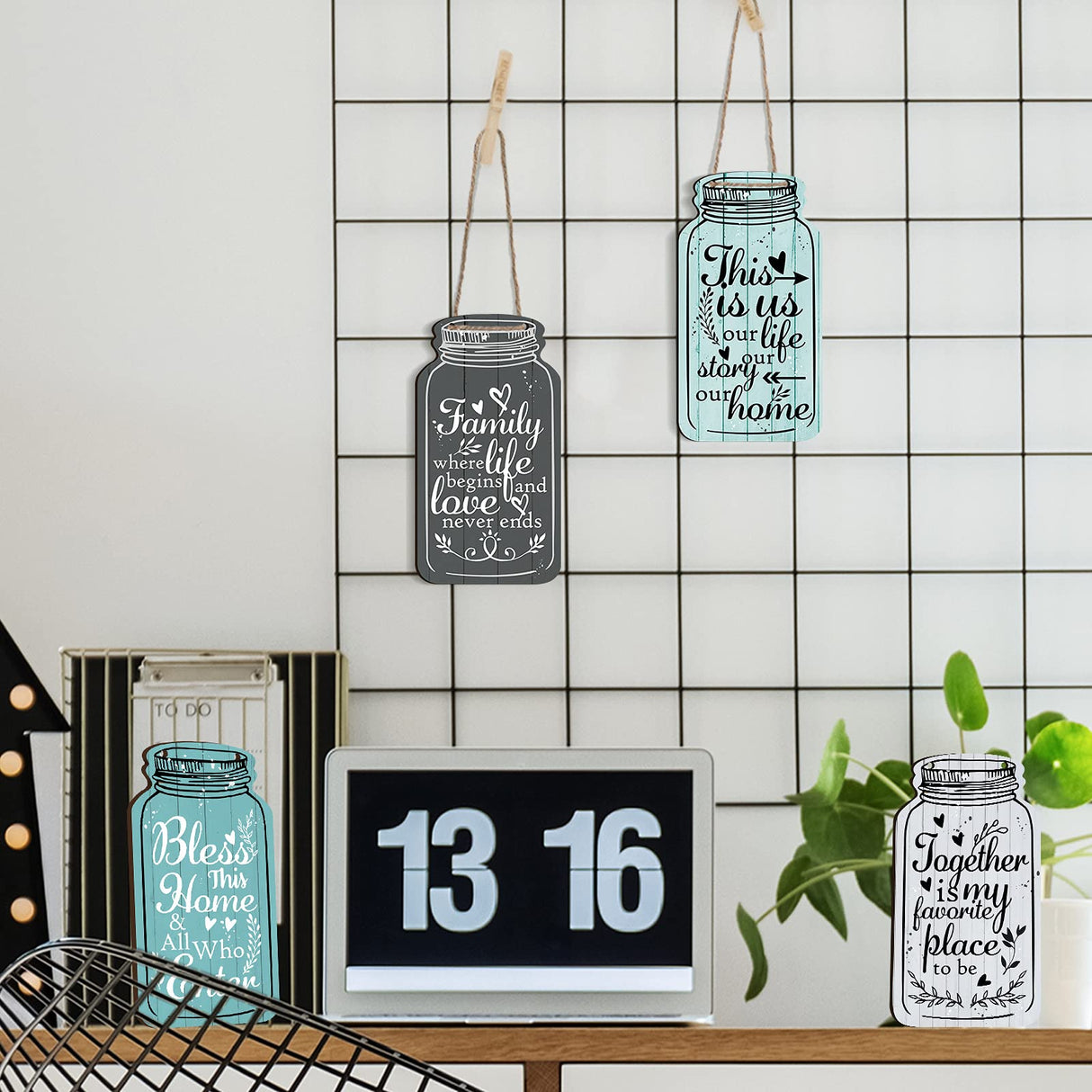 Jetec 4-Piece Mason Jar Wall Hanging Plaque Set - Rustic Farmhouse Decor Signs - Bless This Home, Family, Together, Love, Life, Home, Forever - Wooden Wall Mount - Approx. 8.3 x 4.5 x 0.24 Inches Jetec