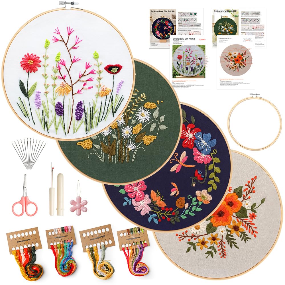 4 Pack Embroidery Kit for Beginners,Adults DIY Starter Kit,Cross Stitching Kits with Flower Stamped Patterns,Hoop,Tools,Colorful Threads with Needles,Step by Step Instructions,Hand Craft Lover Gift wtisan