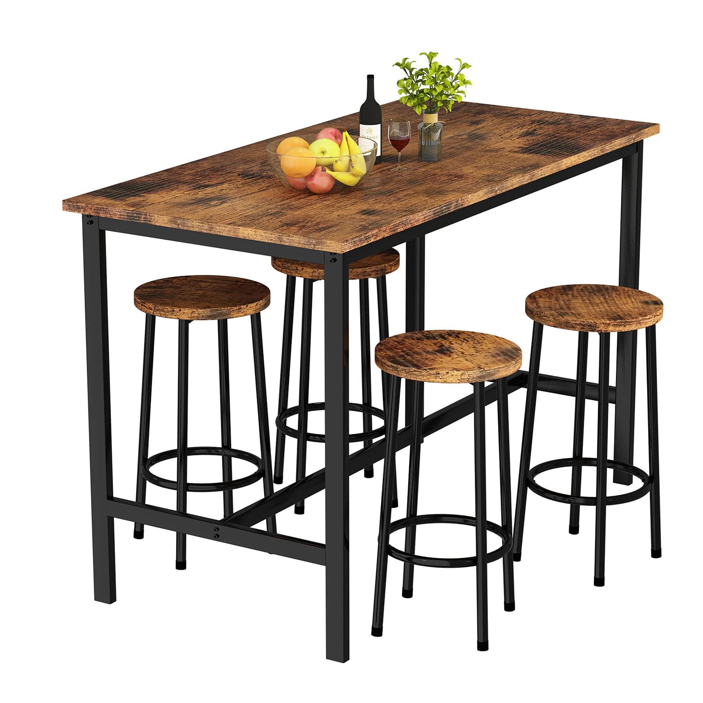 AWQM Bar Table and Chairs Set Industrial Counter Height Pub Table with 4 Chairs Bar Table Set 5 Pieces Dining Table Set Home Kitchen Breakfast Table, Rustic Brown