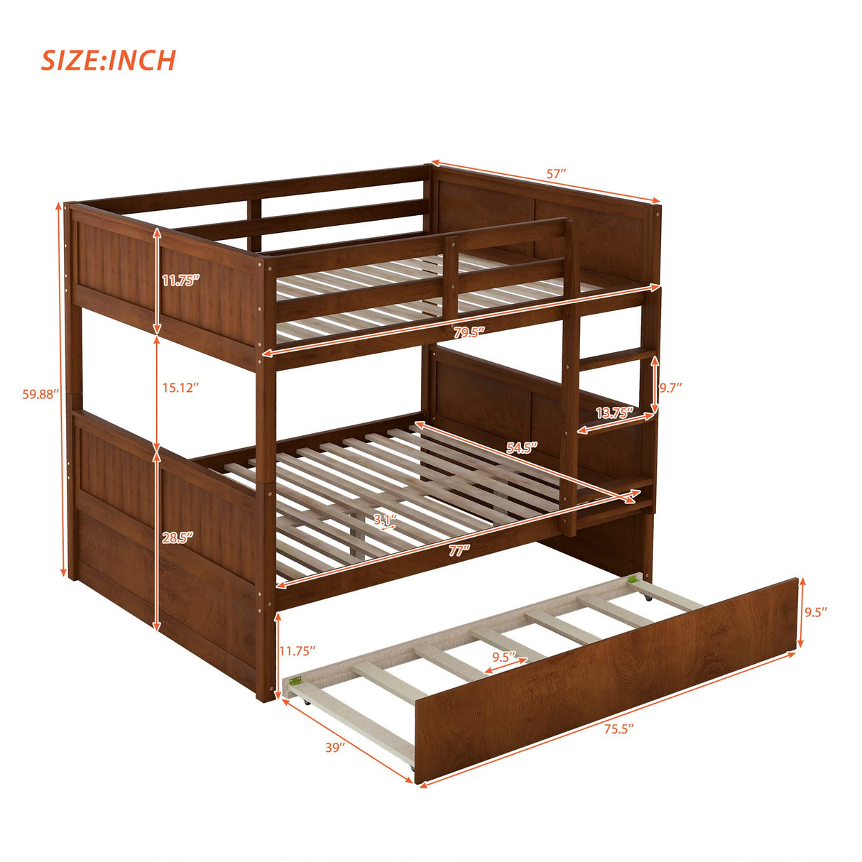 Merax Bunk Bed with Trundle, Full-Over-Full Wood Bed Frame No Box Spring Needed for Kids, Boys or Girls, Walnut Merax