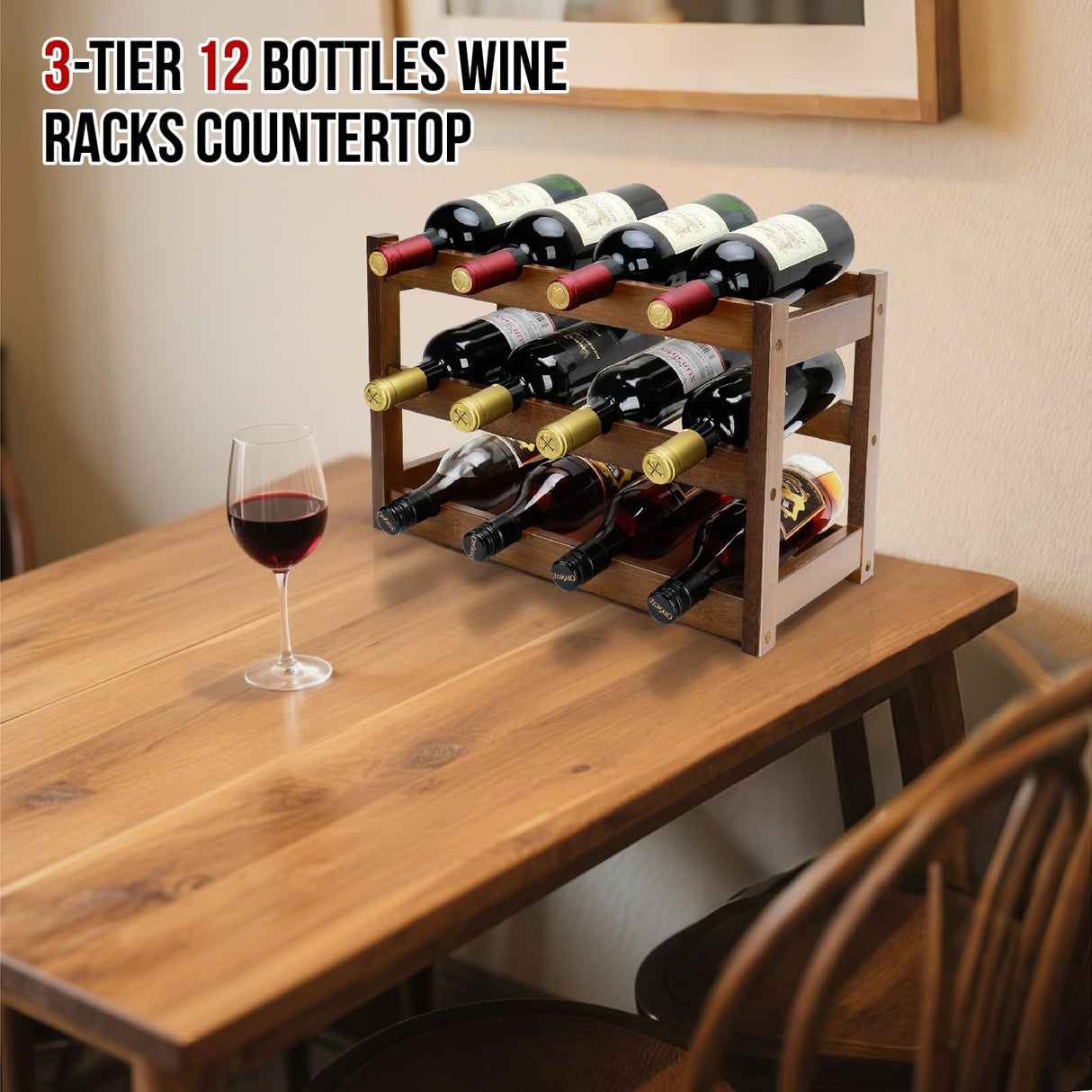 Thalomely Bamboo Wine Rack, 3-Tier 12 Bottles Wine Storage Cabinet Shelf, Easy-Assembly Freestanding Bamboo Wine Racks Countertop for Kitchen Pantry Dining Room Bar, Walnut Thalomely