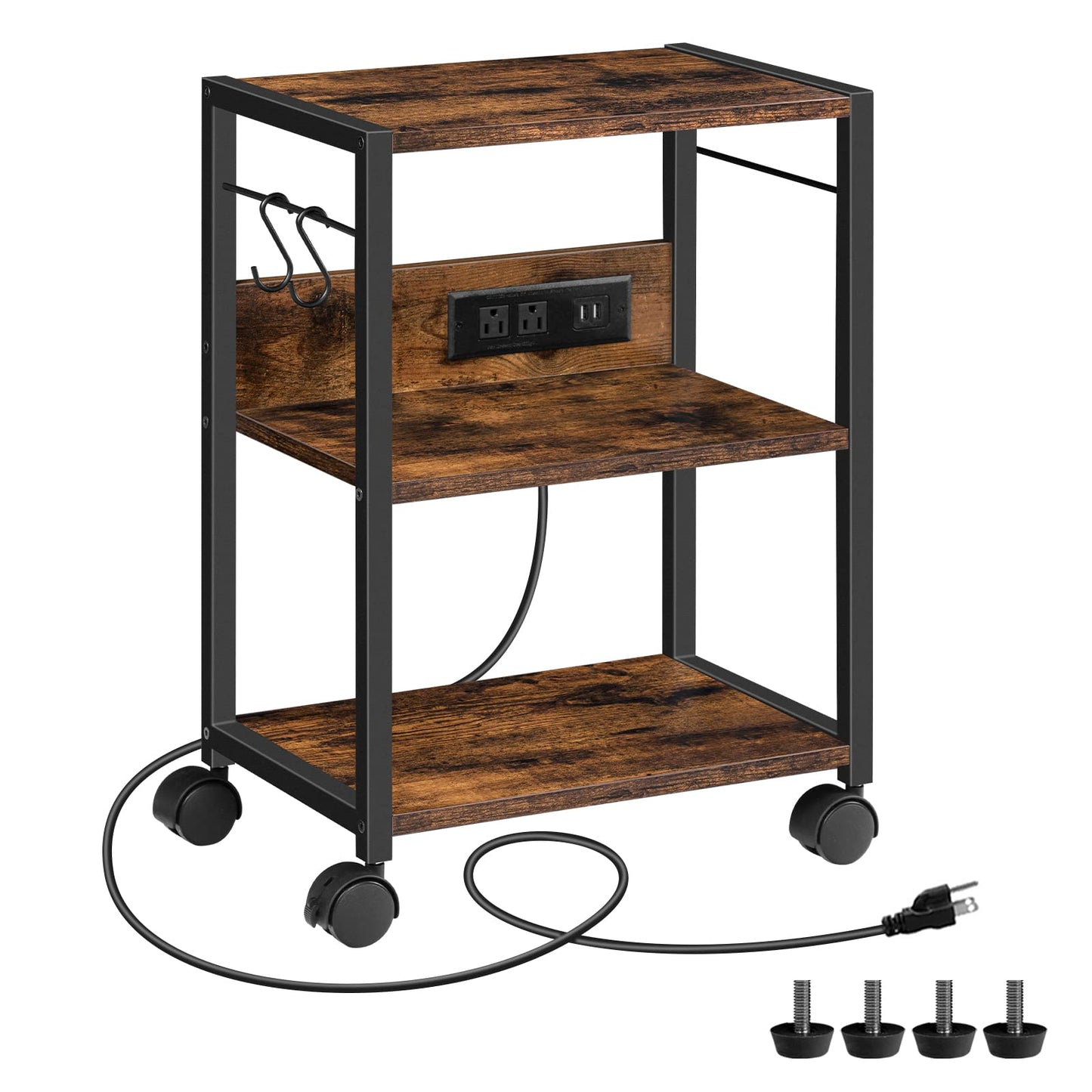 MAHANCRIS Industrial Printer Cart, 3-Tier Mobile Printer Stand, Rolling Cart with Power Outlets and USB Ports, Home Printer Stand with 2 Hooks, for Office, Living Room, Rustic Brown PTHR40E01Z