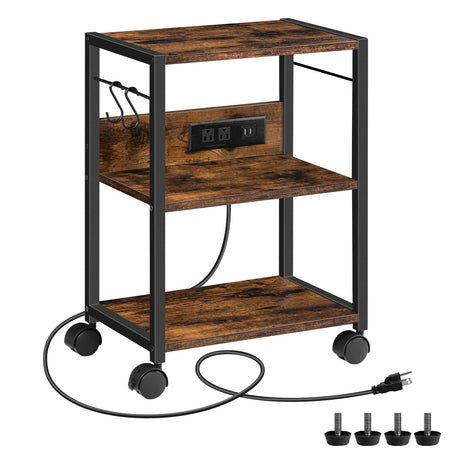 MAHANCRIS Industrial Printer Cart, 3-Tier Mobile Printer Stand, Rolling Cart with Power Outlets and USB Ports, Home Printer Stand with 2 Hooks, for Office, Living Room, Rustic Brown PTHR40E01Z MAHANCRIS