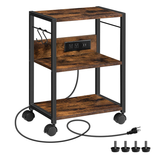 MAHANCRIS Industrial Printer Cart, 3-Tier Mobile Printer Stand, Rolling Cart with Power Outlets and USB Ports, Home Printer Stand with 2 Hooks, for Office, Living Room, Rustic Brown PTHR40E01Z