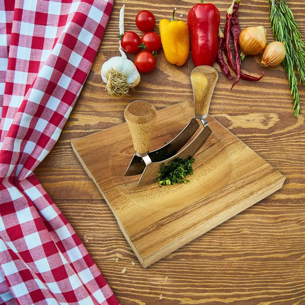 Farmhouse Kitchen Decor Acacia Wood Cutting Block with Hollow Center, Cheese Board Onion Board Vegetable Board Chopping Board Salad Bowl Mincing Tools, Birthday Housewarming Gifts, 8x8 Inch FTONENI