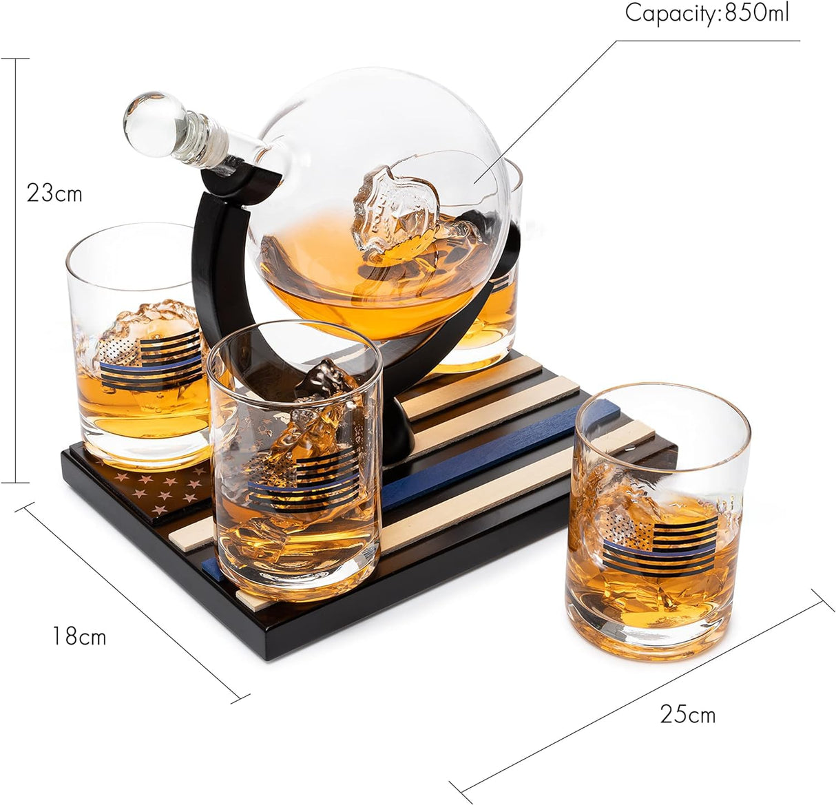 Police Officers Decanter - Whiskey and Wine Set 850ml & Four 10oz Glasses, Thin Blue Line Flag Base - Law Enforcement Gifts, Police & Police Academy, Gift Set First Responders! Gifts for Dad The Wine Savant