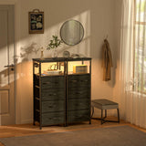 Furnulem Vertical Dresser with Charging Station and LED Lights, Black Chest of Drawers with Shelf and 5 Fabric Bins, Tall Nightstand for Entryway, Closet, Bedside Table, Wood Top, Bedroom Furniture Furnulem