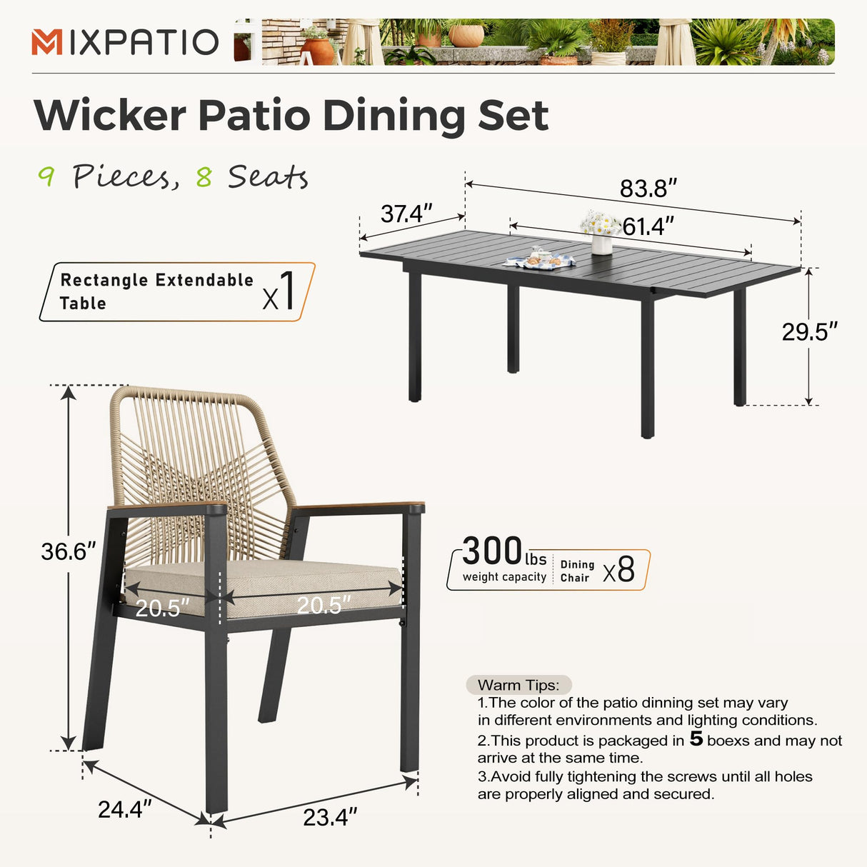 MIXPATIO 9 Pieces Outdoor Dining Set for 8, Patio Dining Set Wicker Rattan Chairs with Soft Cushion and Extendable Rectangular Table, Wicker Patio Table and Chairs for Backyard Porch MIXPATIO
