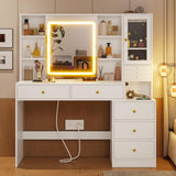 BTHFST Makeup Vanity with Charging Station & 3-Layer Jewelry Box, Vanity Desk with Sliding Mirror and Lights, Vanity Table with 8 Necklace Hooks & 5 Drawers & Shelves, White BTHFST