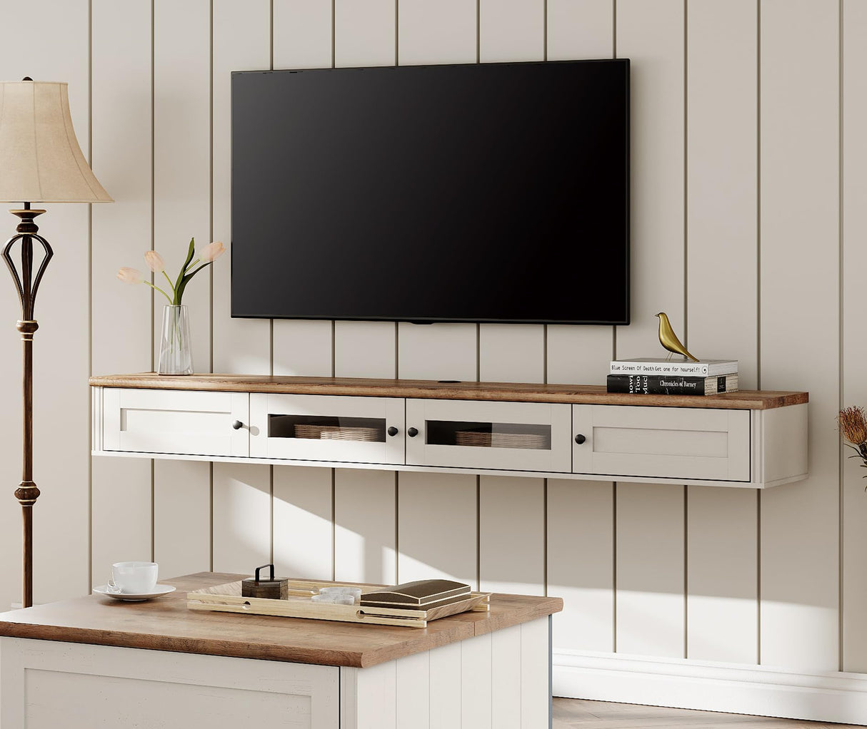 FITUEYES Floating TV Stand for 80 Inch TV, Modern Shelf Entertainment Center with Charging Station for Living Room, White Wooden Material FITUEYES