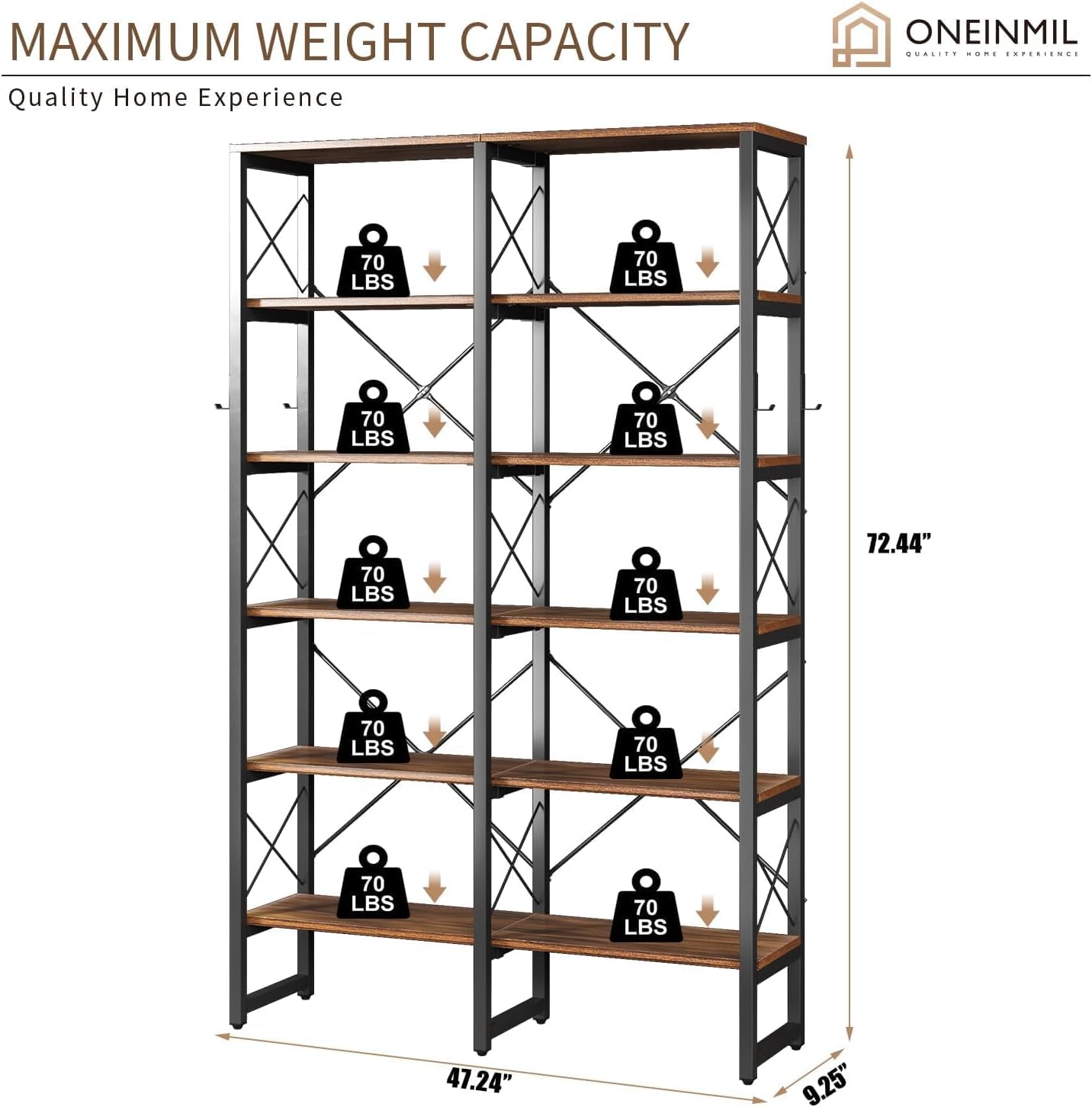 Double Wide 6-Tier Industrial Bookshelf with Metal Frame and Rustic Brown Finish - WoodArtSupply