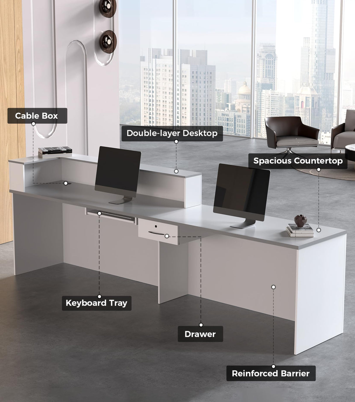 Anzhap L-Shaped Reception Desk with Counter, Front Desk Reception Counter with Drawer, Keyboard Tray & Cable Box for Office, Salon, Lobby, Checkout, Retail(White + Grey/Left, 63" L * 24" W * 39" H) Anzhap
