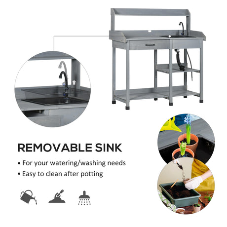 Outsunny Potting Bench Table, Outdoor Garden Table Wooden Work Station with Removable Sink, Faucet, Drawer, Shelves, Hooks, Gray Outsunny
