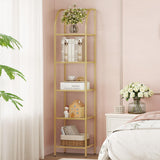 Hzuaneri Bookcase Bookshelf, Tempered Glass Arched Bookshelf for More Storage, Slim Shelving Unit for Bedroom, Bathroom, Home Office, Steel Frame, 5 Tier Gold BC20599G Hzuaneri