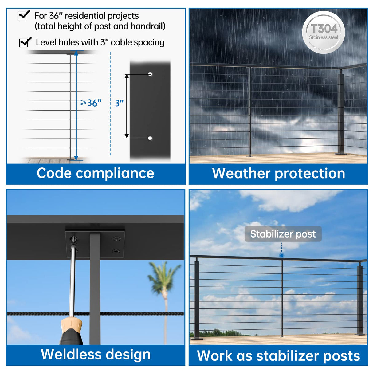 Muzata 4Pack Black Super Thin Intermediate Cable Railing Post 36 Inch 36"x3/8"x2" Level Drilled Surface Mount T304 Stainless Steel Cable Railing System Kit Indoor Outdoor PS32 BH4S Muzata