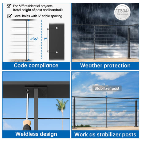 Muzata 4Pack Black Super Thin Intermediate Cable Railing Post 36 Inch 36"x3/8"x2" Level Drilled Surface Mount T304 Stainless Steel Cable Railing System Kit Indoor Outdoor PS32 BH4S Muzata