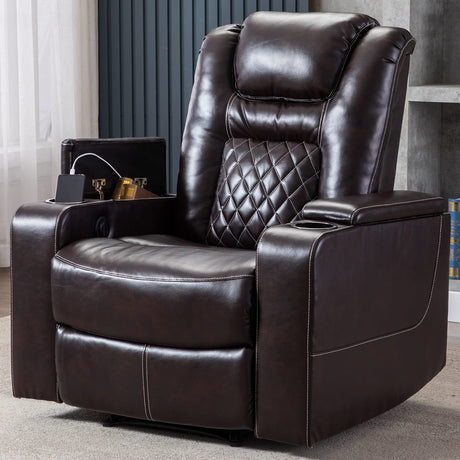 CANMOV Electric Power Recliner Chair with USB Ports and Cup Holders, Breathable Leather Home Theater Seating with Hidden Arm Storage (Brown) CANMOV
