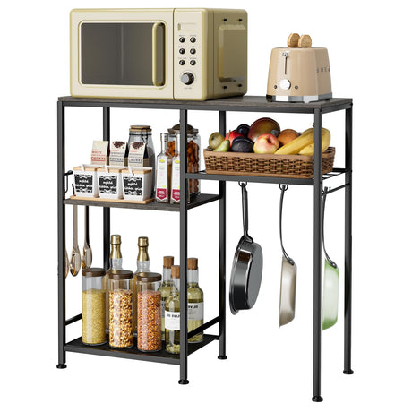 Consumest Bakers Rack with Storage - Microwave Stand and Coffee Bar Cabinet, Multifunctional Pan Organizer with 6 Hooks and 2 Shelves, Microwave Cart for Kitchen, Living Room, Grey&Black Consumest