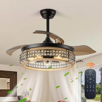 48 Inch Retractable Ceiling Fans with Lights and Remote, Industrial Black Fandelier with 3 Retractable ABS Blades, Invisible Crystal Chandelier Fan for Bedroom Living Room Dining Room (Hemp Rope)
