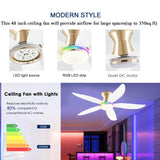 JSAITEE Ceiling fan with light, 48" RGB Low Profile Ceiling fans with Lights and Remote Control, Dimmable, DC Reversible Motor, Noiseless, 6 Speeds Flush Mount White Ceiling Fan for Bedroom JSAITEE