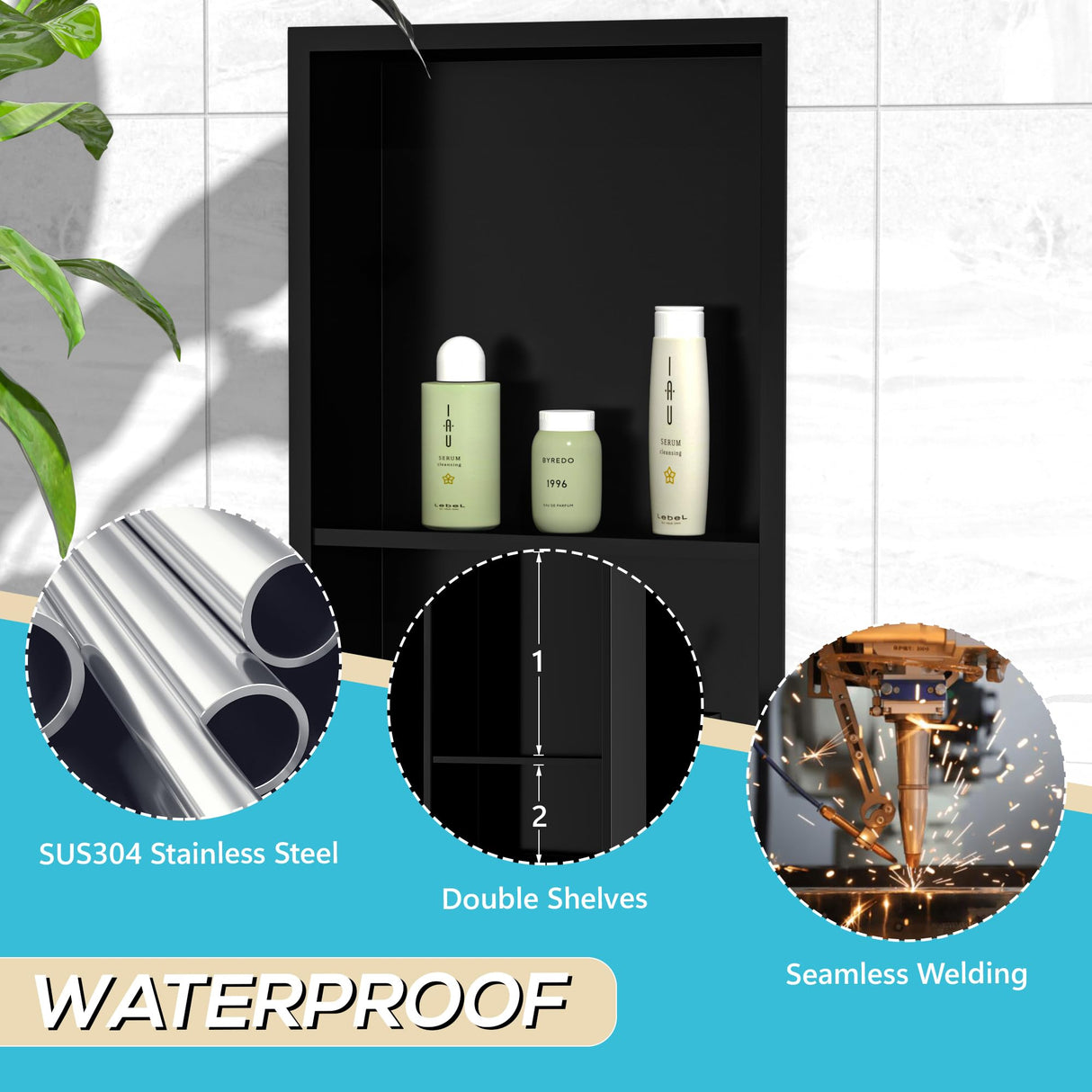 Qeke Stainless Steel Shower Niche 18" X 12", No Tile Needed Wall Niche Double Shelves, Recessed Shower Shelf for Bathroom Storage, Matte Black Qeke