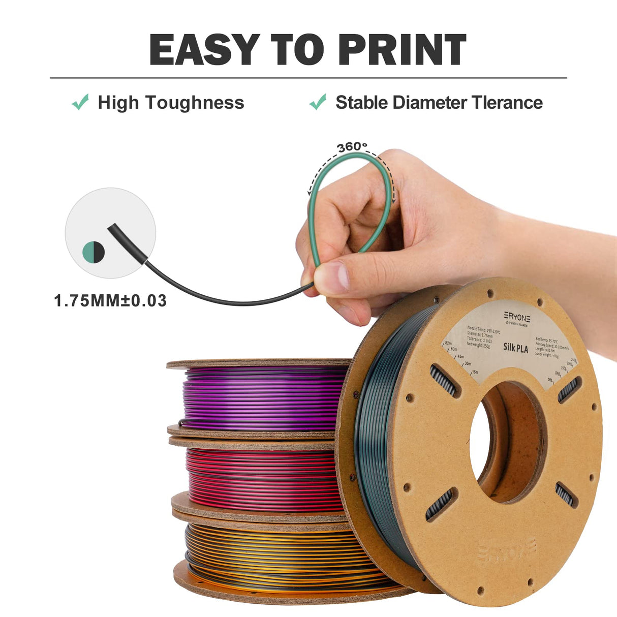 ERYONE Silk Tri-Color Coextrusion PLA Filament,3D Printer 1.75mm +/- 0.03mm, Triple Color Filament 0.25kg/spools,4Pack(2.2lbs), Red/Gold/Black, Gold/Purple/Black, Blue/Purple/Black, Red/Blue/Green ERYONE