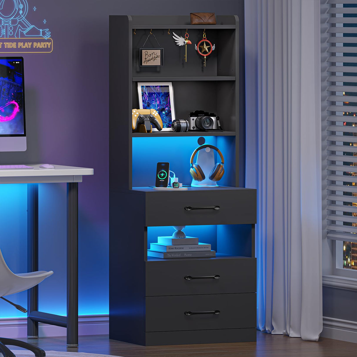 Tall Black Nightstand Set with LED Lights, Charging Station, and Bookshelf - Modern Storage Solution for Bedrooms VIAGDO