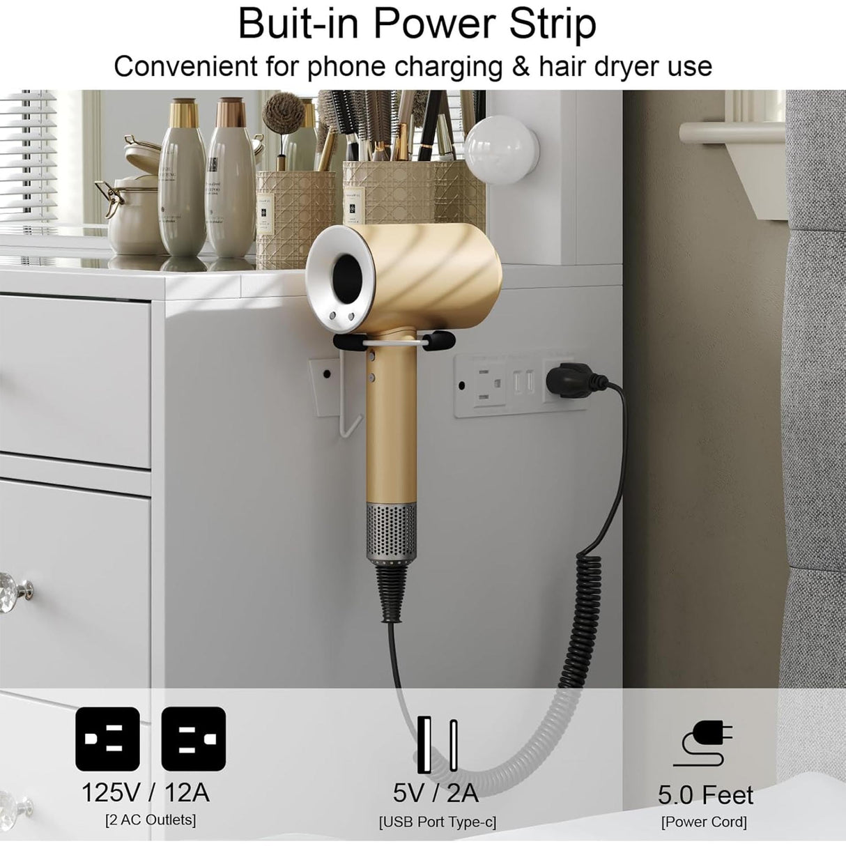 White Vanity Desk with Illuminated Mirror & Power Outlet, 11 Drawers Vanity Table with Chair, Makeup Vanity with 12 LED Lights, Tempered Glass Top, Dressing Table for Bedroom,Dressing Room CollaredEagle