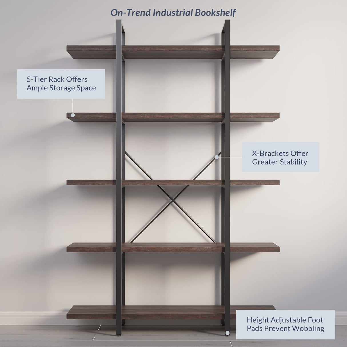 BELLEZE 70-Inch Dark Walnut 5-Tier Industrial Bookshelf with Metal Frame BELLEZE