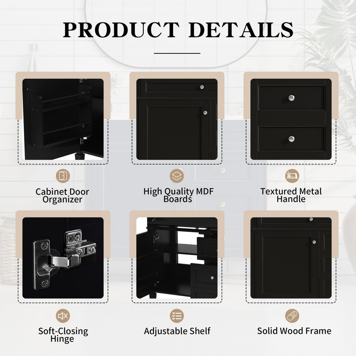 36'' Bathroom Vanity Without Resin Sink, Solid Wood Frame Modern Storage Cabinet with Tip-Out Drawer & Soft Closing Doors, Black Merax