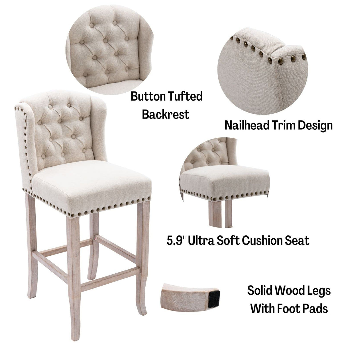 LukeAlon Classic 30" Linen Bar Stools Set of 4, Button Tufted Wingback Tall Bar Chairs with Wooden Legs Farmhouse High Kitchen Stool with Nailhead Trim for Home Breakfast Bar, Beige LukeAlon