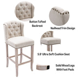 LukeAlon Classic 30" Linen Bar Stools Set of 4, Button Tufted Wingback Tall Bar Chairs with Wooden Legs Farmhouse High Kitchen Stool with Nailhead Trim for Home Breakfast Bar, Beige LukeAlon
