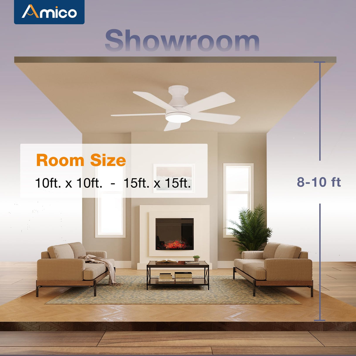 Amico Ceiling Fans with Lights, 42 Inch Low Profile Ceiling Fan with Light and Remote Control, Flush Mount, Reversible, 3CCT, Dimmable, Quiet, White Small Ceiling Fan for Bedroom Outdoor/Indoor Use Amico
