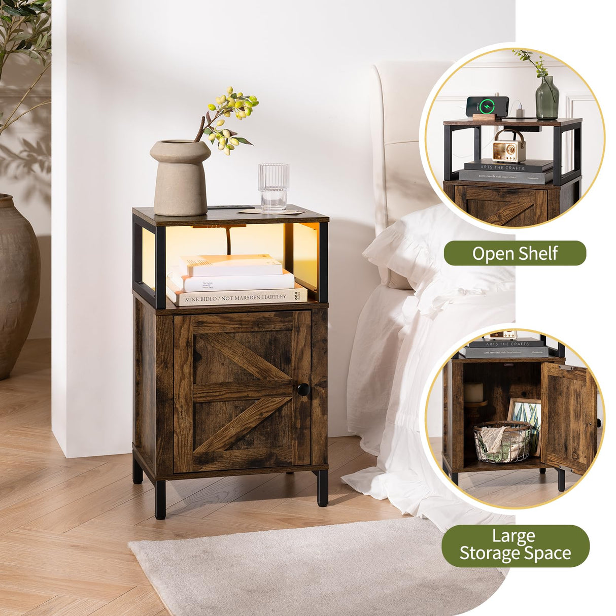 Yoobure Farmhouse Nightstand with Charging Station, Wood Night Stand End Table with USB Ports, LED Bed Side Table with Storage Cabinet, Bedside Table for Bedroom, Living Room Rustic Brown Yoobure