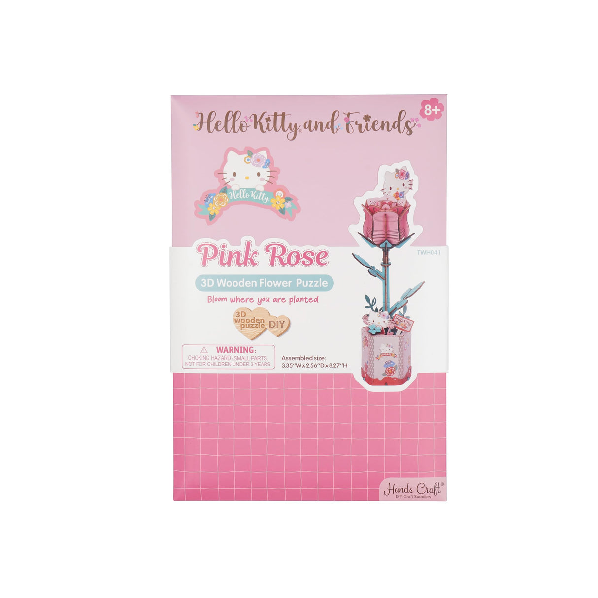 Hands Craft Hello Kitty and Friends Pink Rose 3D Wooden Puzzle Kit | DIY Flower Model | Arts & Crafts for Adults & Kids | Creative Hobby Kits | Hello Kitty Collectible | Wood Building Set Hands Craft
