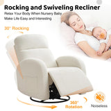 AEMEIOS Swivel Recliner Rocker Nursery, Chenille Nursering Glider Recliner, Manual Swivel Rocking Reclining with Double Pockets for Living Room, Cream White AEMEIOS
