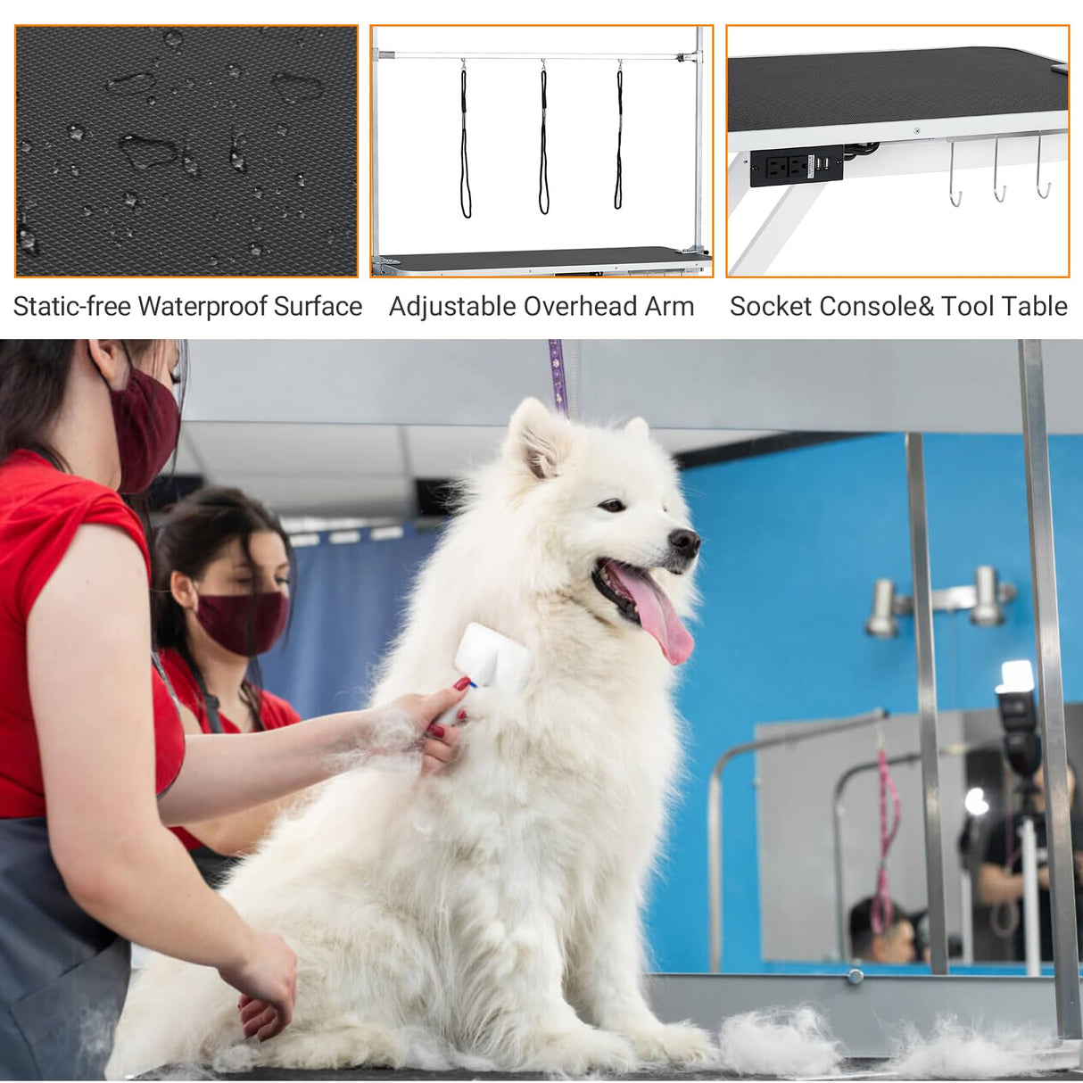 Electric Dog Grooming Table, 9"- 40" Height Adjustable Heavy Duty Electric Pet Grooming Tables with Anti Slip Tabletop, 3 Grooming Noose, for Dogs&Cats, White ChicCoutured