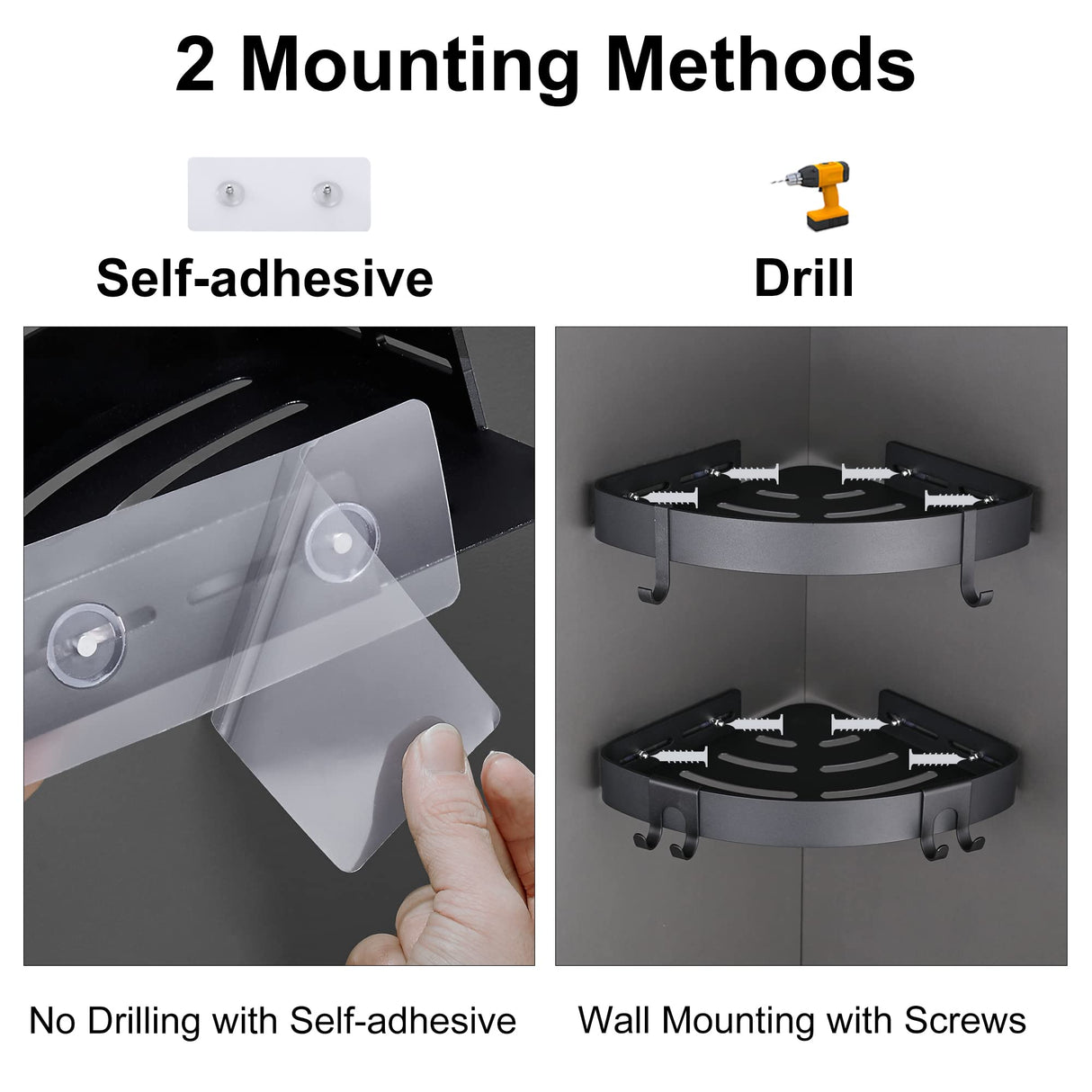 DUFU Adhesive Corner Shower Caddy with Hooks,Bathroom Shower Organizer, No Drilling Rust Proof Aluminum Shower Shelf for Inside Shower 2 Pack (Black) DUFU