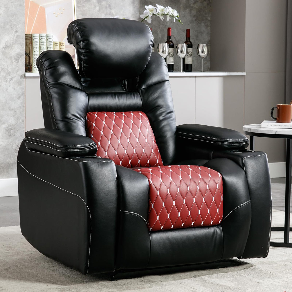 ANJ Electric Power Recliner Chair with Adjustable Powered Headrest, Faux Leather Home Theater Seating Overstuffed Reclining Furniture with USB Ports, Cup Holders, Hidden Arm Storage (Black/Red) ANJ